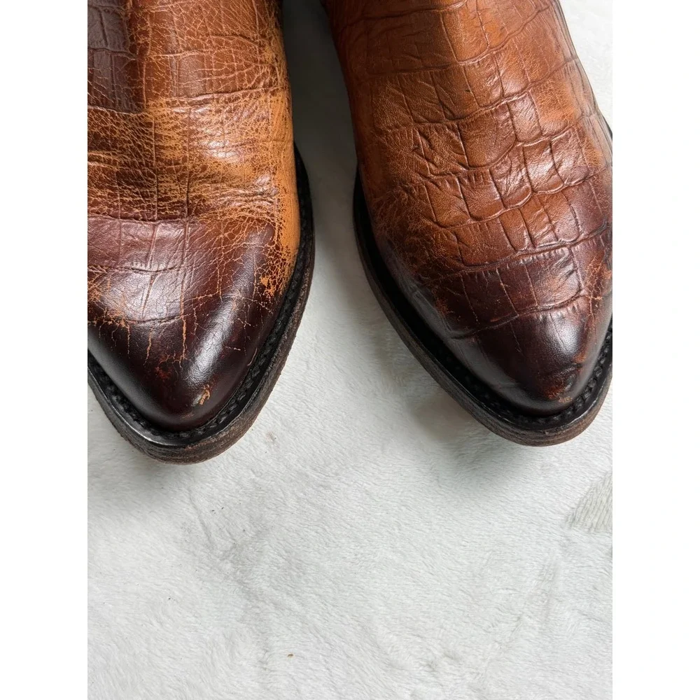 Frye Billy Side Zip Moto Short Brown Croc Embossed Leather Western Boots  6.5B
